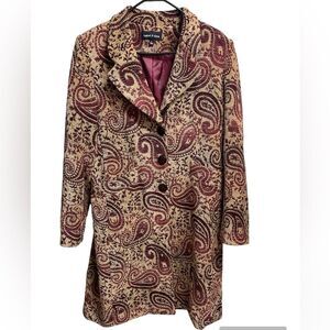 Isabel & Nina Red and Brown Boho Hippie Paisley Tapestry Long Pea Coat SZ L